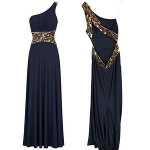 Blondie Nites Dress Gown Navy Gold One Shoulder Open Back Sequin Beaded Prom 5/S